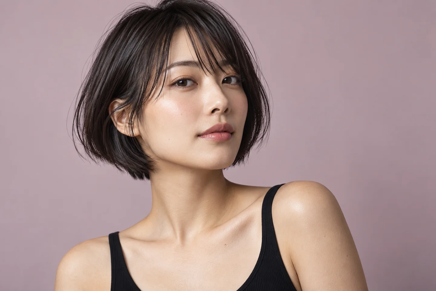 自然な表情と、艶のあるコンパクトなボブヘアの女性