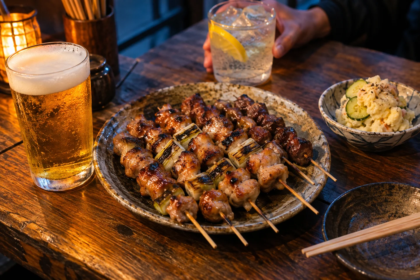 炭火焼き鳥と小皿、冷たいビールが並ぶ、よりみちの食卓